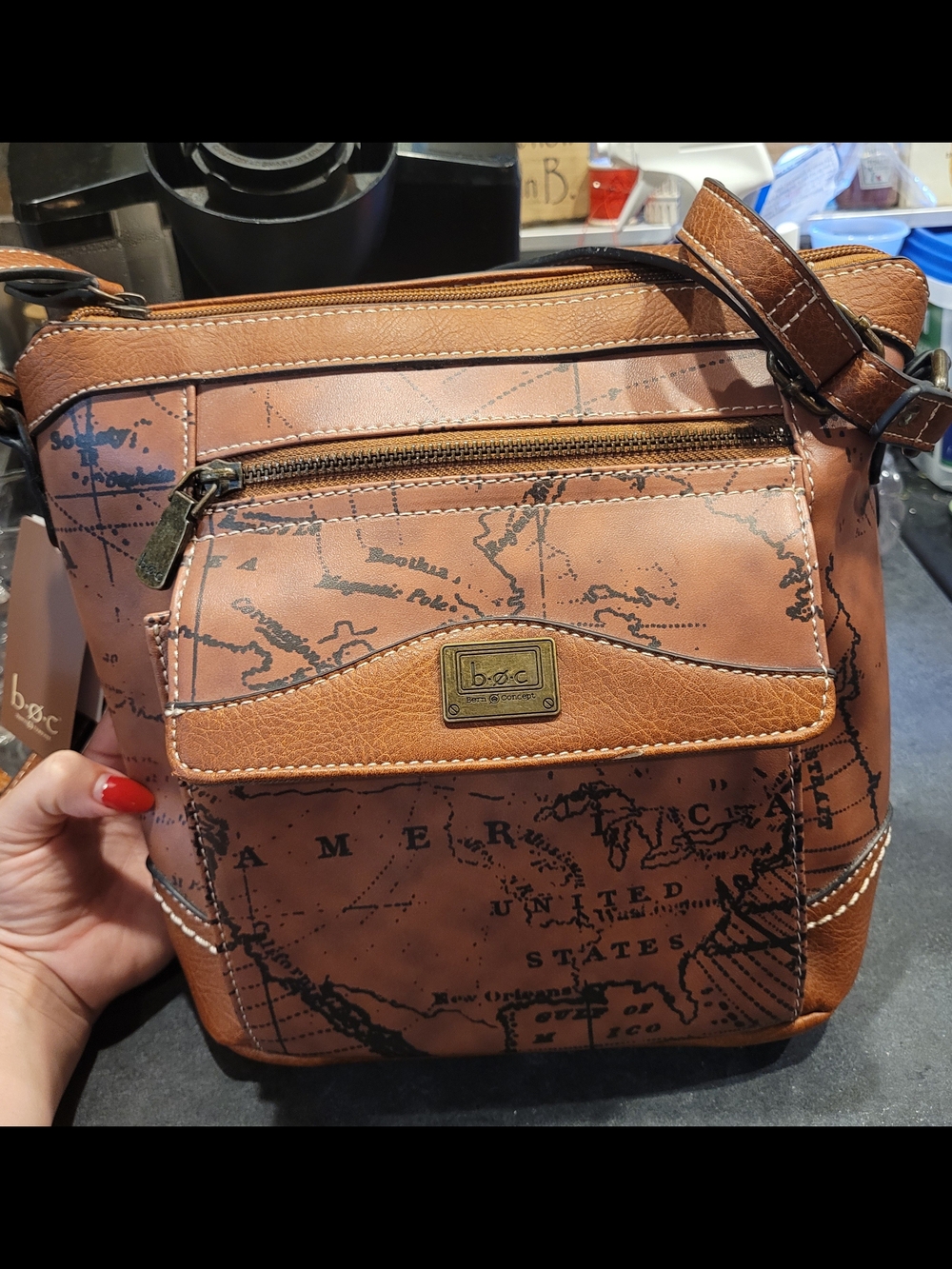 b.o.c. Tan Brown Map-Print Faux Leather Messenger Bag